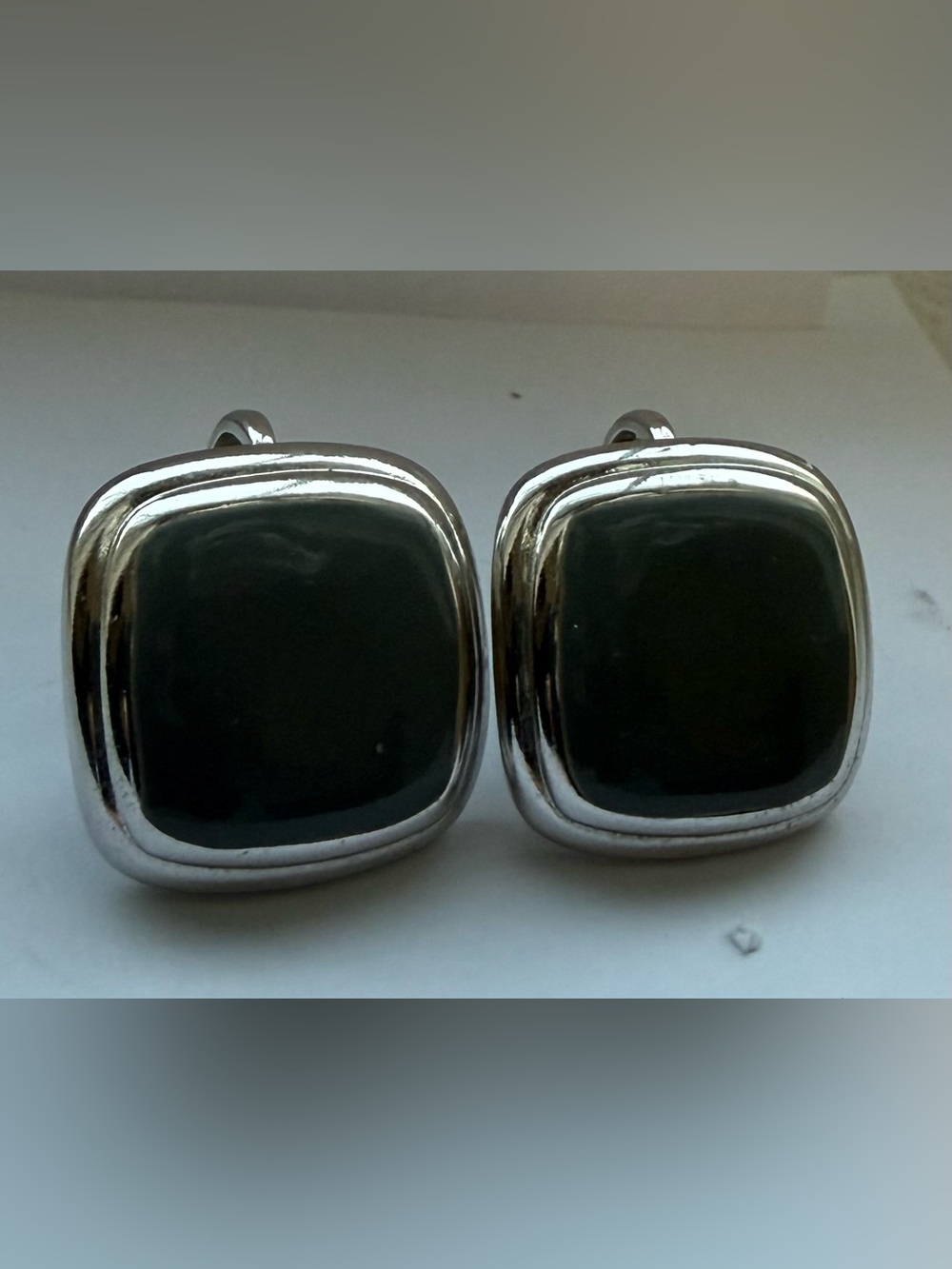 Vintage Nina Ricci Silver Tone Green Enamel Cushion Clip On Earrings